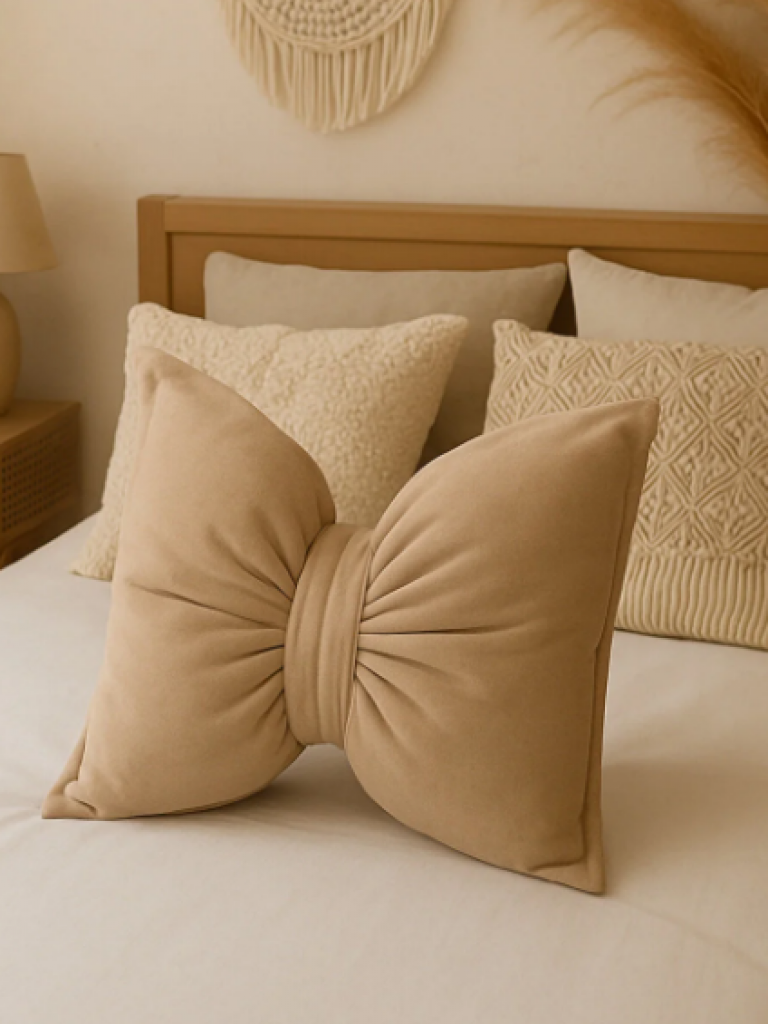 Fiyonk Kadife Doku Dolgulu Kelebek Yastık Bej