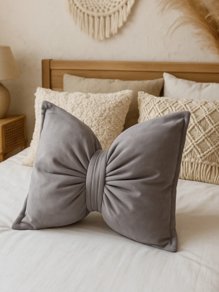Fiyonk Kadife Doku Dolgulu Kelebek Yastık Gri