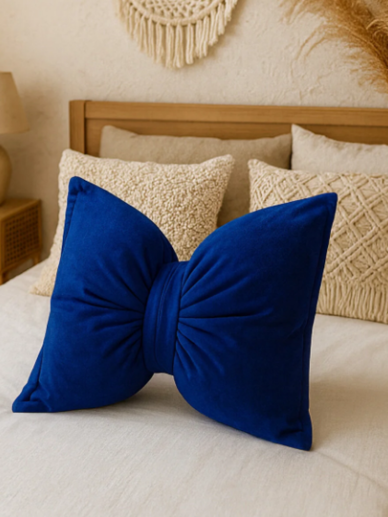 Fiyonk Kadife Doku Dolgulu Kelebek Yastık Saks Mavi
