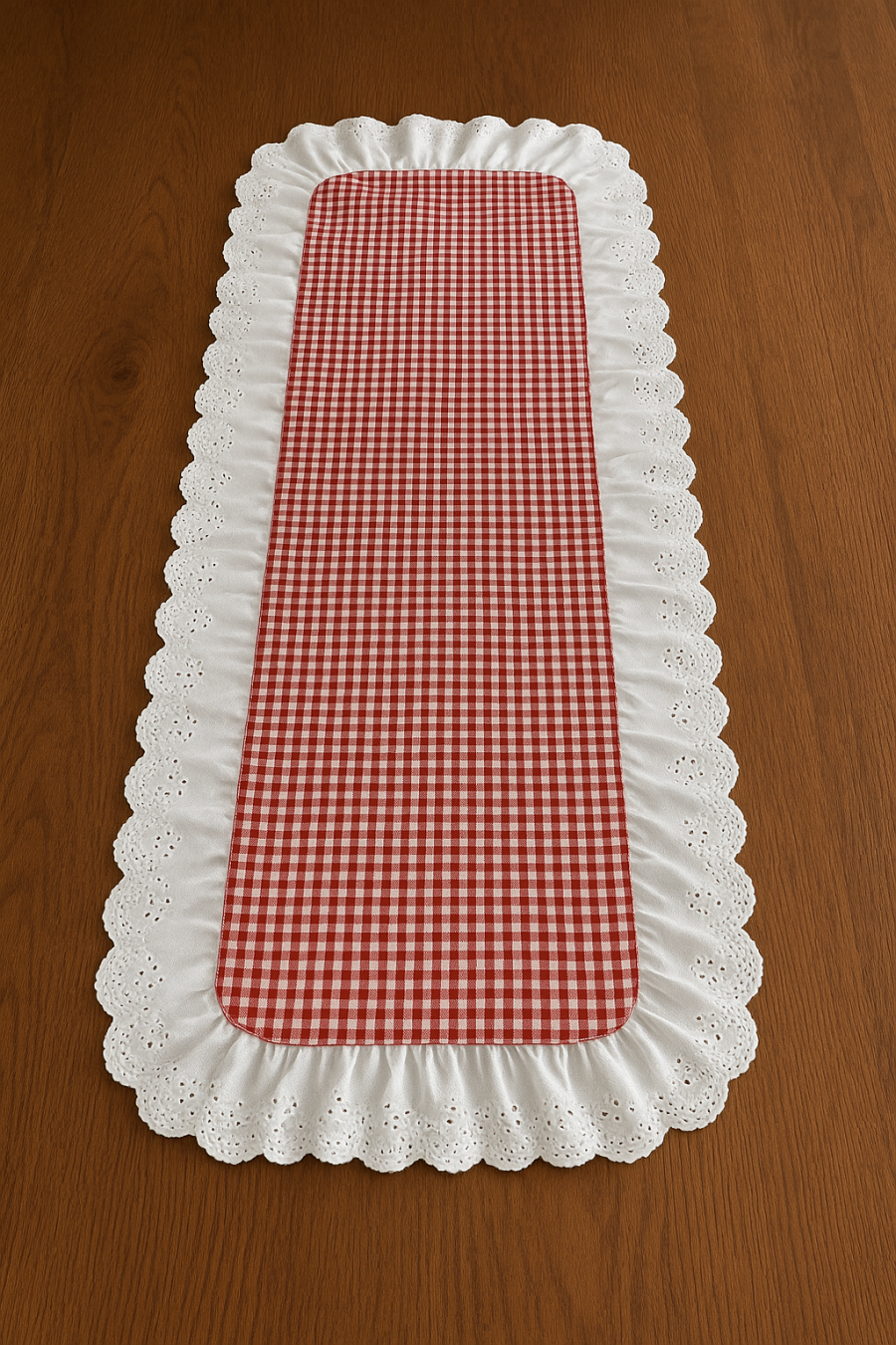 Fisto Detaylı Pötikareli Fırfırlı Runner Kırmızı-Beyaz 40x110 cm