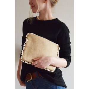 Ponponlu Jüt Clutch Çanta- Ekru