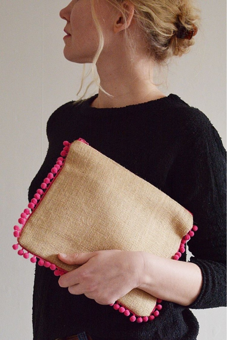 Ponponlu Jüt Clutch Çanta- Pembe