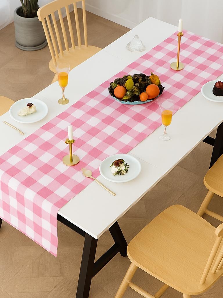 Renkli Büyük Pötikare Desenli Düz Runner 40x140 cm Pembe-Beyaz