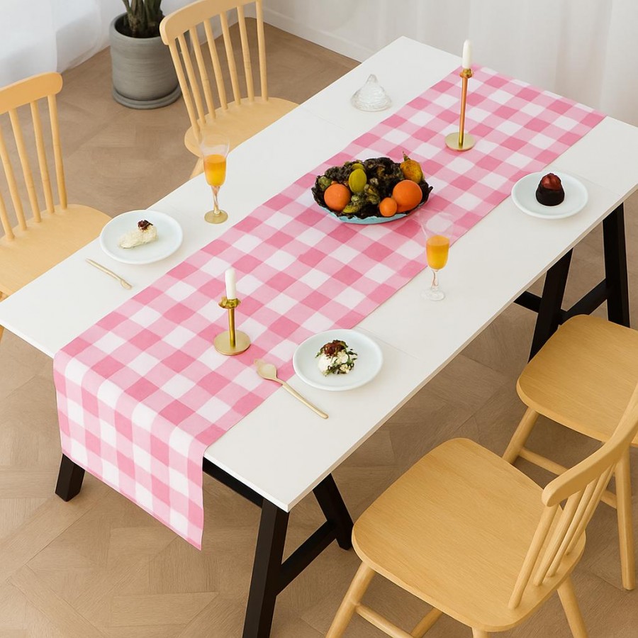 Renkli Büyük Pötikare Desenli Düz Runner 40x140 cm Pembe-Beyaz