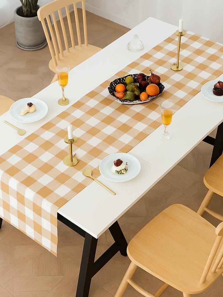 Renkli Büyük Pötikare Desenli Düz Runner 40x140 cm Kahve-Beyaz