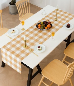 Renkli Büyük Pötikare Desenli Düz Runner 40x140 cm Kahve-Beyaz