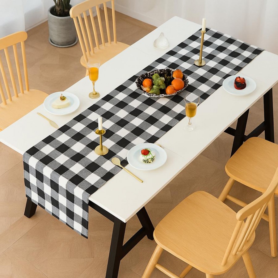 Renkli Büyük Pötikare Desenli Düz Runner 40x140 cm Siyah-Beyaz