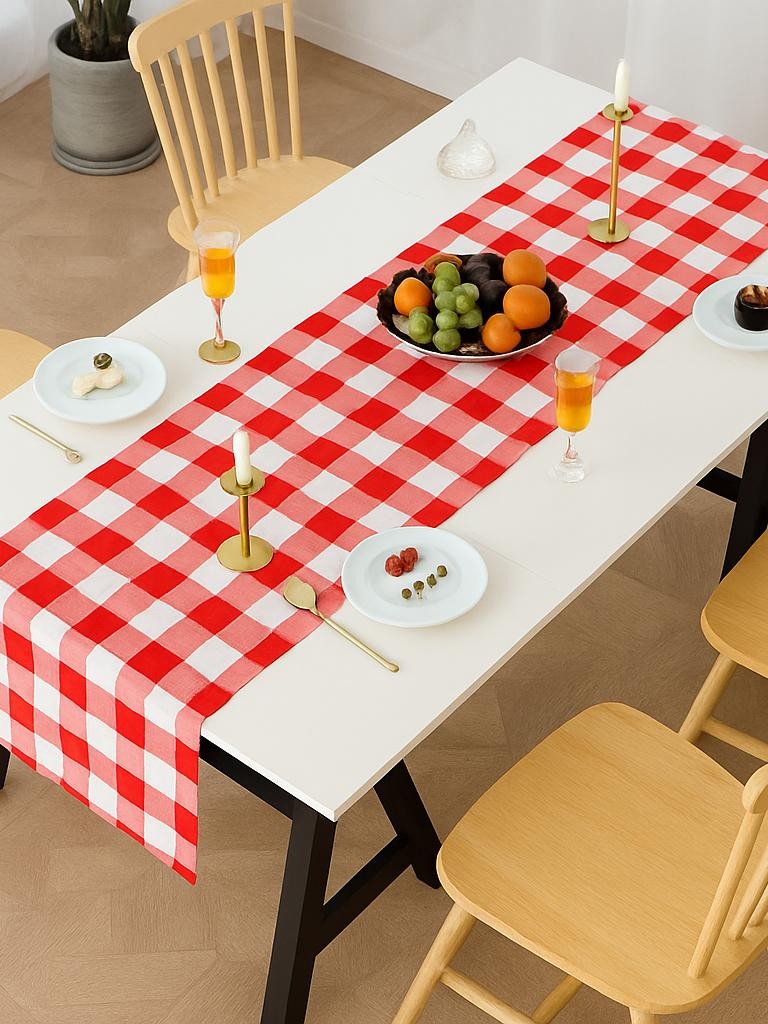 Renkli Büyük Pötikare Desenli Düz Runner 40x140 cm Kırmızı-Beyaz