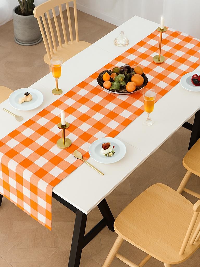 Renkli Büyük Pötikare Desenli Düz Runner 40x140 cm Turuncu-Beyaz