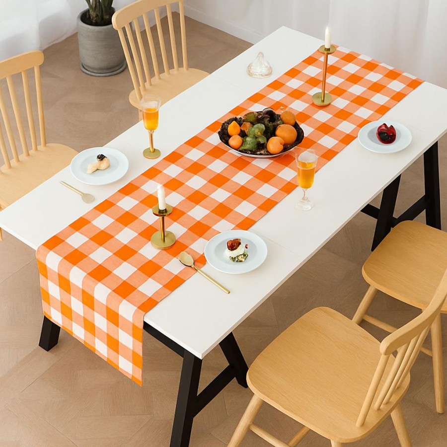 Renkli Büyük Pötikare Desenli Düz Runner 40x140 cm Turuncu-Beyaz