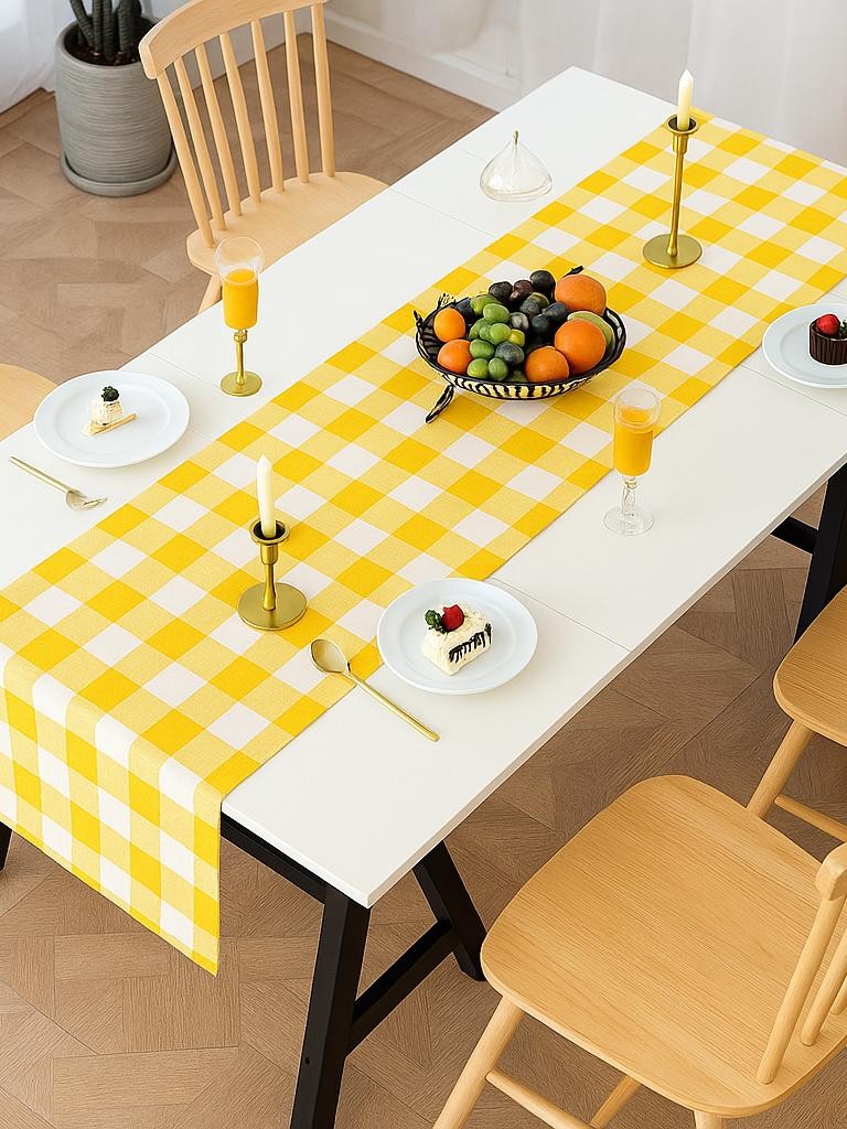 Renkli Büyük Pötikare Desenli Düz Runner 40x140 cm Sarı-Beyaz