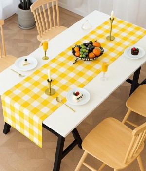 Renkli Büyük Pötikare Desenli Düz Runner 40x140 cm Sarı-Beyaz