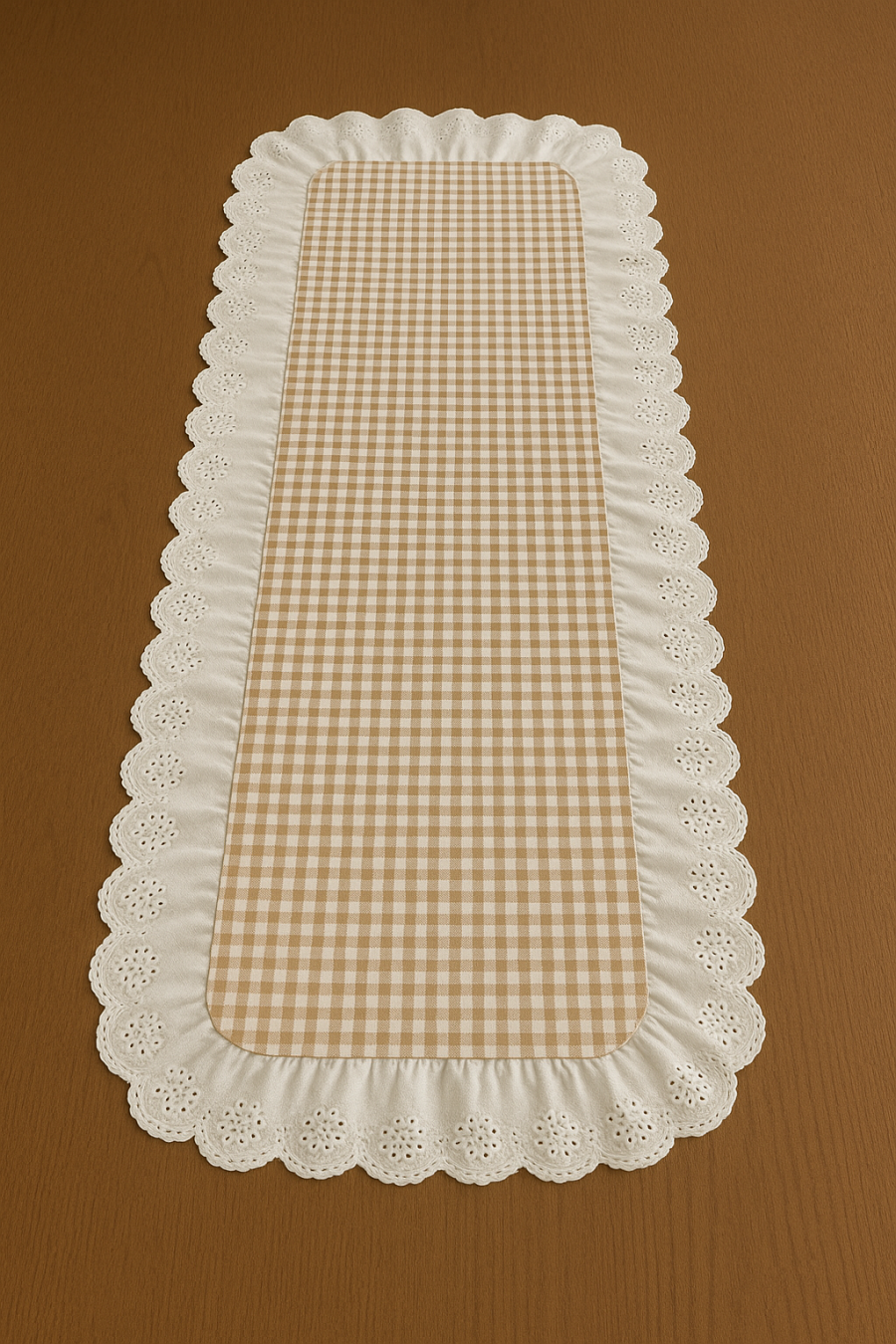 Fisto Detaylı Pötikareli Fırfırlı Runner Kahve-Beyaz 40x110 cm